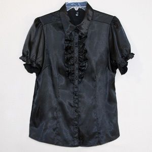 Fang Ruffled Short Sleeve Black Satin Blouse